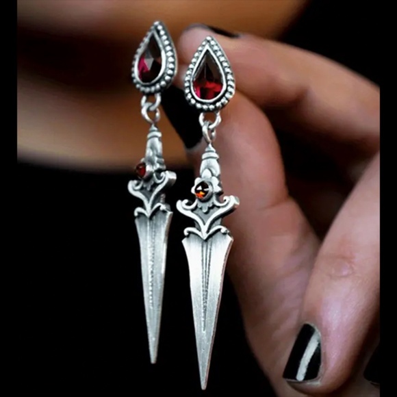 Gothic Punk Vintage Earrings, Dagger Tassel  W/ Red zirconia, Retro Style - Picture 4 of 8